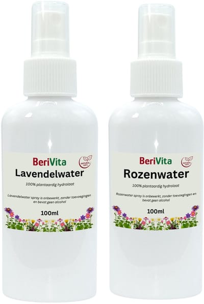 Combinatieset: Rozenwater 100ml Spray en Lavendelwater 100ml Spray 100% Puur - Hydrosol, Hydrolaat - Gezicht en Body Mist - Natuurlijke Toner