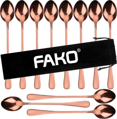 Fako Bijoux® - 12 Lange Lepels - Latte Macchiato - Longdrink - Cocktail - Dessert - IJs - Koffie - Rosé Goud - 12 Stuks - Bewaarzakje