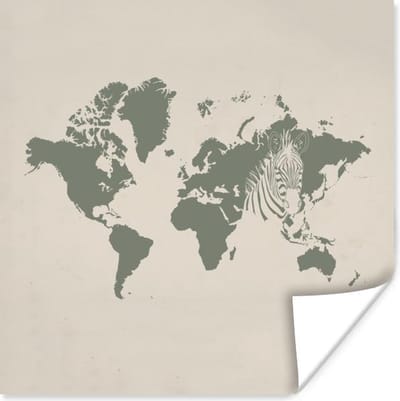 Poster 30x30 cm - Wereldkaart - Zebra - Grijs - Posters - Kamer decoratie - Wanddecoratie woonkamer - Muurdecoratie slaapkamer