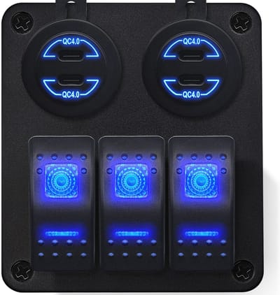 ProRide Schakelpaneel 12V voor Auto/Boot - USB C Autolader 4 Poorten - 30W - QC4.0 - 3 schakelaars - Blauw