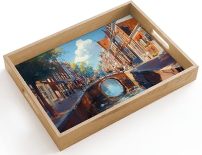 Dienblad hout 40x30 cm - Schootdienblad - Stad - Gracht - Zon - Fietsen - Borrelplank rechthoek - Plateau dienbladen