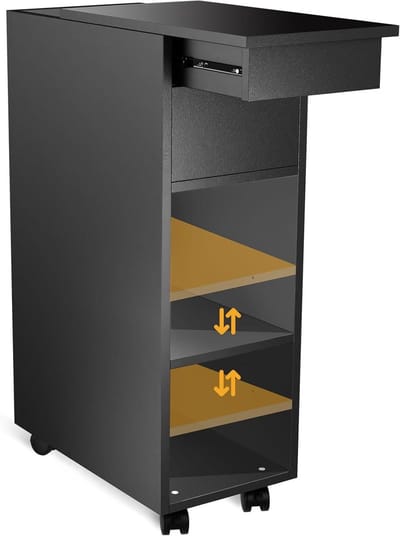 Nachtkastje Met Wielen - Bijzettafel Slaapkamer - Opbergen Slaapkamer - Smal Ontwerp 25cm - 45x25x70cm - Zwart