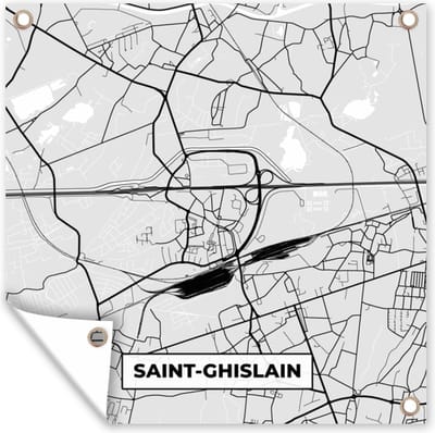 Tuin poster Zwart Wit – België – Plattegrond – Stadskaart – Kaart – Saint Ghislain - 200x200 cm - Tuindoek