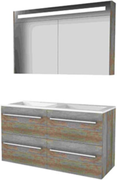 Basic-Line Premium 46 Badkamermeubelset - 120 x 46 cm - Met Grepen - 4 Lades - Acryl Wastafel - 2 Kraangaten - Spiegelkast met LED Verlichting - Scotch Oak