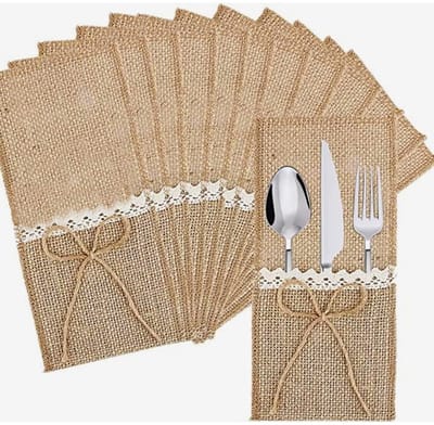 Dailygoods- Bestektas 12 Stuks - Jute met Witte Kant - Waterdicht en Vlekbestendig - Herbruikbaar - Retro Elegant Ontwerp - Perfect voor Bruiloften en Feestelijke Gelegenheden - Servieshoes