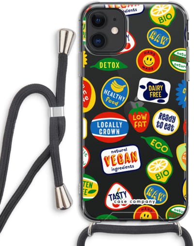 Case Company® - Hoesje met koord geschikt voor iPhone 11 hoesje met Koord - Fruitsticker - Telefoonhoesje met Zwart Koord - Bescherming aan alle Kanten en Over de Schermrand