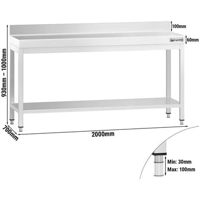 GGM Gastro Edelstahl Arbeitstisch PREMIUM - 2000x700mm - mit Grundboden & Aufkantung Zilver