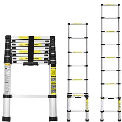 Yakimz Telescoopladder, aluminium, 2,6 m, multifunctionele ladder, 9 sporten - 74 cm tot 2,6 m, ladder, belastbaar tot 150 kg, antislip staande ladder, huishoudladder