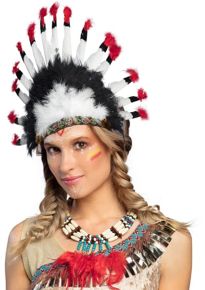 Indianen verkleed accessoires set - Veren tooi en ketting - met ornamenten - voor volwassenen
