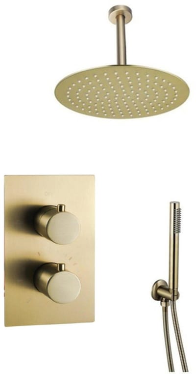 FugaFlow Eccelente Acces Inbouw Regendoucheset - thermostatisch - plafondarm - 25cm hoofddouche - staaf handdouche - gladde doucheslang - Geborsteld Messing PVD (Goud)