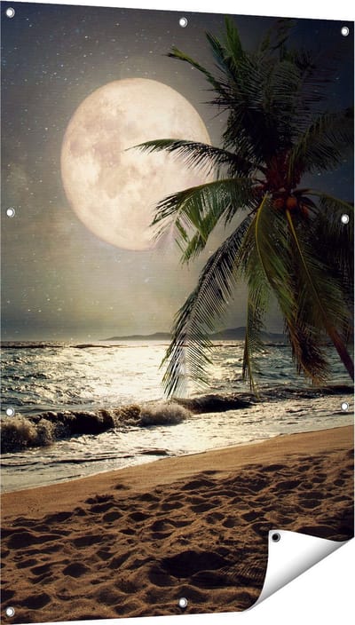 Gards Tuinposter Tropisch Strand in de Nacht met Volle Maan - 80x120 cm - Tuindoek - Tuindecoratie - Wanddecoratie buiten - Tuinschilderij