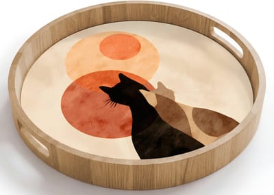 Dienblad rond 40x40 cm - Schootdienblad hout - Katten - Zwart - Abstract - Cirkels - Borrelplank rechthoek - Plateau houten dienbladen