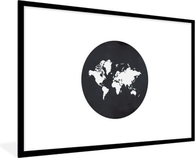 Fotolijst incl. Poster Zwart Wit- Wereldkaart - Zwart Wit - Cirkel - 120x80 cm - Posterlijst