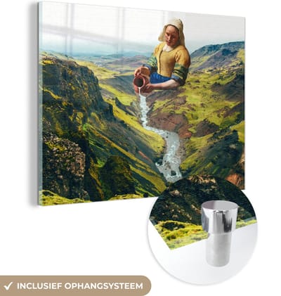 MuchoWow® Glasschilderij 160x120 cm - Schilderij acrylglas - Melkmeisje - Water - Vermeer - Foto op glas - Schilderijen