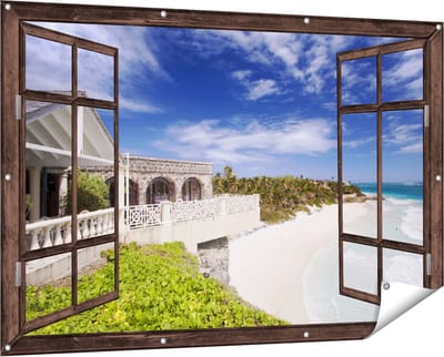 Gards Tuinposter Doorkijk Het Strandhuis - 150x100 cm - Tuindoek - Tuindecoratie - Wanddecoratie buiten - Tuinschilderij