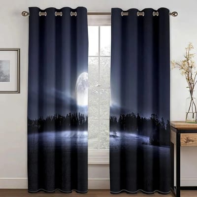 Het Strand In Het Maanlicht Scenery Mediterrane Hoog Verduisterend Gordijn Natuurlandschap Woonkamer Gordijn Slaapkamer Decor 2 Stuks W50xH130(CM)x2PCS-Grommet Top