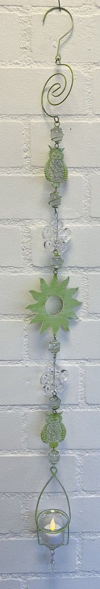 Deco theelichthouder "uilen + open zon" met metalen ketting - rusty licht groene ketting + glazen bloemen - lengte 105 cm - exclusief theelicht - Woondecoratie - Theelichthouder - Woonaccessoires