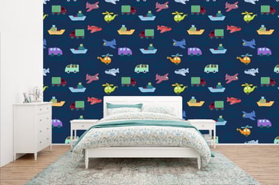 Behang - Fotobehang Patronen - Vliegtuig - Boot - Vrachtwagen - Jongetje - Jongens - Kinderen - Kids - Breedte 400 cm x hoogte 240 cm