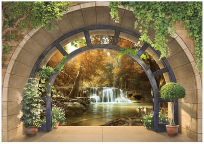 WALLARENA - Fotobehang - 150x105 cm - 3D waterval raam fototapet voor slaapkamer en woonkamer, vliesbehang