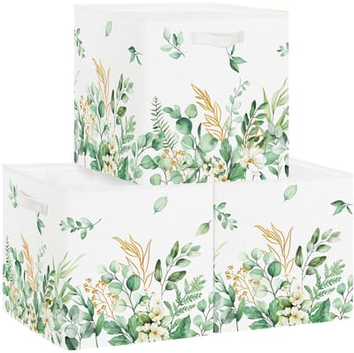 Set van 3 Opbergdozen Blad Vrouwen Opbergkubussen voor Kast Opvouwbaar Kleding Mand Speelgoedkist en Boeken voor Slaapkamer, Groen, 30x30x30 cm