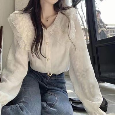 Damesblouse Kant Poppenkraag Lange Mouwen Modieus en Chic Mooie Top XXL wit