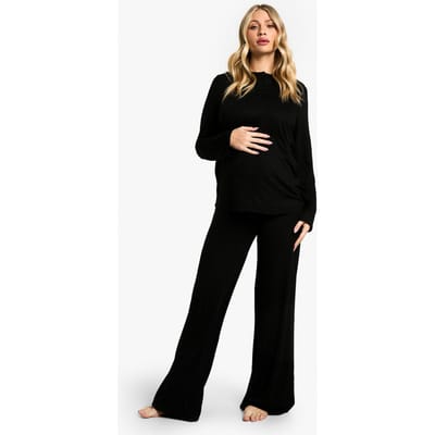 boohoo Dames Zwangerschaps Pyjama Set met Lange Mouwen Top met Knoopsluiting & Broek met Wijde Pijp | Black | Maat: 8
