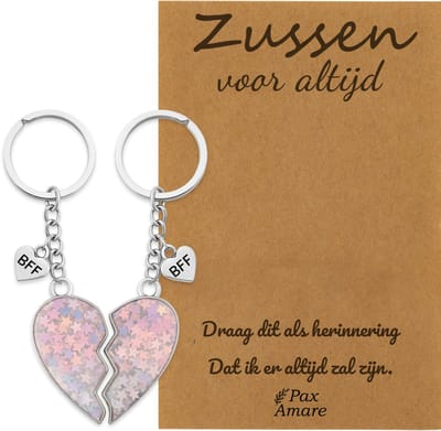 BFF Sleutelhanger voor 2 'Zussen voor altijd' - Magnetisch Hartje - Sleutelhanger set op Cadeau Kaartje Sleutelhanger set - Zilverkleurig - Vriendschap Symbool - Pax Amare