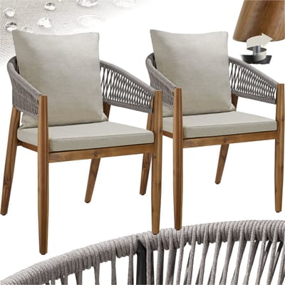 tectake® Set van 2 Tuinstoelen Manacor - Houten Tuinstoel in Rope-Design - Balkonset - Weerbestendige Buitenstoel van Gelakt Acaciahout - Grijs/Beige - 59 x 58 x 76,5 cm - Stoelen voor Tuin, Balkon, Terras
