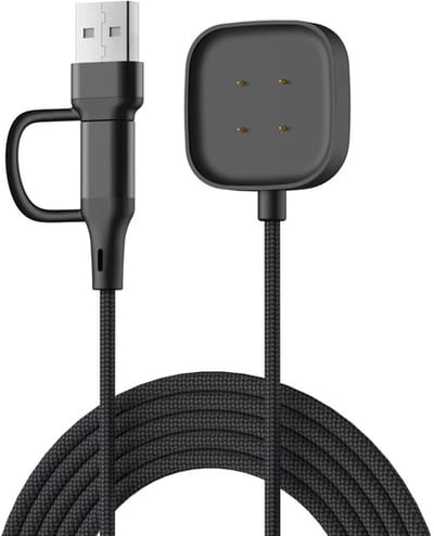Strap-it 2-in-1 gevlochten oplader geschikt voor Fitbit Versa 3 / Versa 4 / Sense / Sense 2 - USB-A & USB-C aansluiting - Zwart