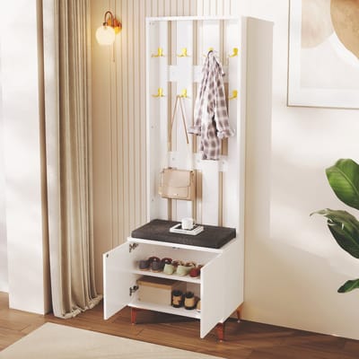 Kleerkast Met Schoenenbank En Kussen - 60.5x35.2x180.5 Cm - Witte Kast Met Goudkleurige Haken - Push-To-Open Deuren