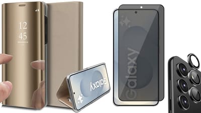 Hoesje geschikt voor Samsung Galaxy S25 - Privacy Screenprotector Volledig Dekkend Glas & Camera - Spiegel Book Case Goud