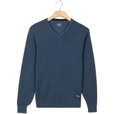 Baileys Trui V-Neck Cotton Allover Fine Texture Two-Tone Midden Blauw / male