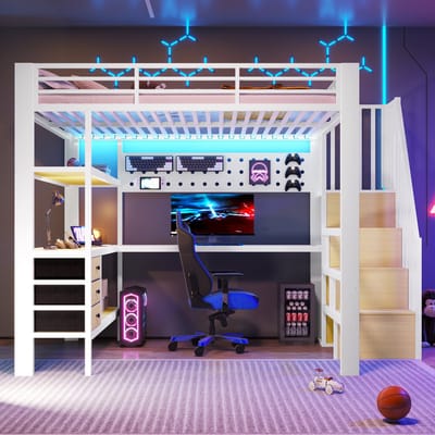 VVBV Ruimtebesparende Hoogslaper 140x200 cm - Lades, Bureau, Planken, LED-Verlichting - Metaal Wit - Zonder Matras