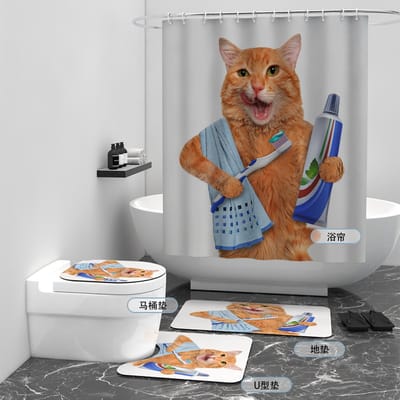 Floraweg Douchegordijn,Shower Curtain,badgordijn,badkamergordijn,De kat poes in de waskamer,-topkwaliteit - digitale printen -Anti Schimmel - Inclusief 12 ringen -met 12 stuks douchegordijnhaken – Waterdicht -Wasbaar- Polyester - 180x200 cm