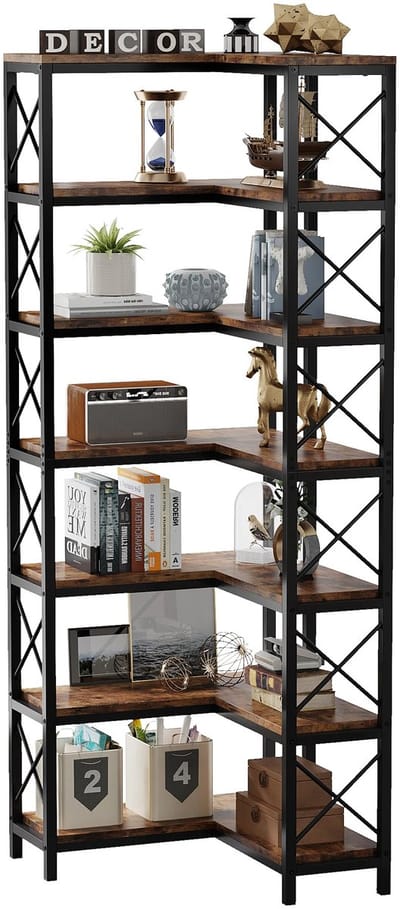LUMÉ STORE Hoek Boekenkast - Boekenplank - Boekenrek - Woonkamer Kast - Vakkenkast - Industrieel - 60x60x200cm - Bruin & Zwart