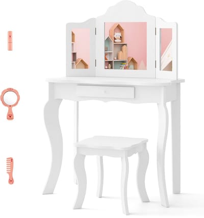 COSTWAY 2-in-1 kindermake-uptafel met kruk, kaptafel met 3-voudig afneembare spiegel en lade, make-uptafel voor meisjes, hout, 70 x 34 x 103 cm (wit)