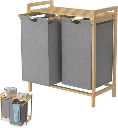 Wasmand met 2 vakken - Wassorteerder Wasbox - Was Sorteren - Stabiel Bamboeframe - 73 x 64 x 335 cm