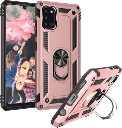 HB Hoesje Geschikt voor Samsung Galaxy A31 - Anti-Shock Hybrid Armor Back Cover - Hoes met Kickstand Ring - Roségoud