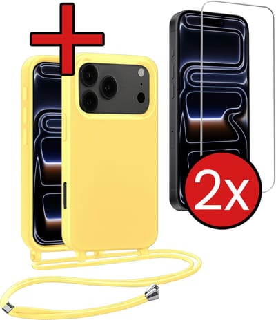 Hoesje Geschikt voor iPhone 17 Pro / 18 Pro Hoesje Siliconen Case Met Koord Met 2x Screenprotector - Hoes Geschikt voor iPhone 17 Pro / 18 Pro Hoesje Backcover Met Telefoonkoord - Geel