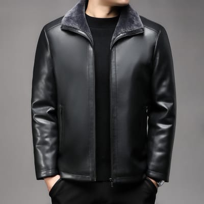 Leren Jas Winter Leren Jas Zakelijk Warm Reverskraag Bont Geïntegreerd Fleece Verdikte Leren Jas 195 zwart