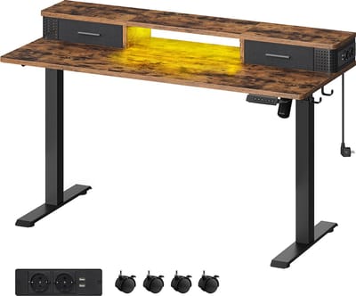 Vintage Bruin Bureau - Schrijftafel - Studiebureau - Spaanplaat - Stalen frame - Oxfordstof - Verstelbare hoogte - Opberghaken - Eenvoudige montage - 60 cm x 140 cm x (72-120) cm