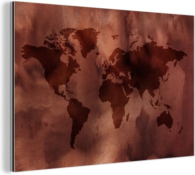 Wanddecoratie Metaal - Aluminium Schilderij Industrieel - Wereldkaart - Sepia - Textiel - 120x80 cm - Dibond - Foto op aluminium - Industriële muurdecoratie - Voor de woonkamer/slaapkamer