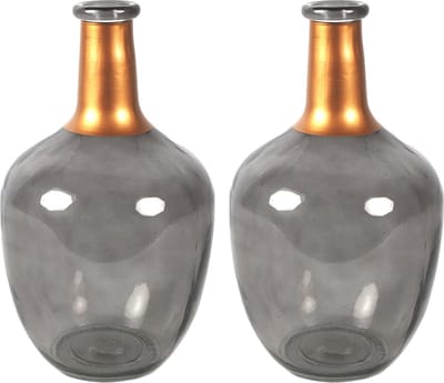 Countryfield Bloemenvaas Firm Big Bottle - 2x - transparant grijs/koper - glas - D18 x H30 cm