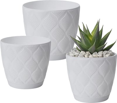 Form Plastic Plantenpot set New Age - 3x stuks - kunststof - ivoor wit - met schotel
