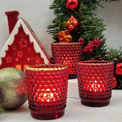 Famanu - Rode theelichtkandelaars met gouden rand Set van 12, Glazen theelichthouders voor Kerstmis, vakantie en dating decor, votief kandelaars voor tafel middenstuk