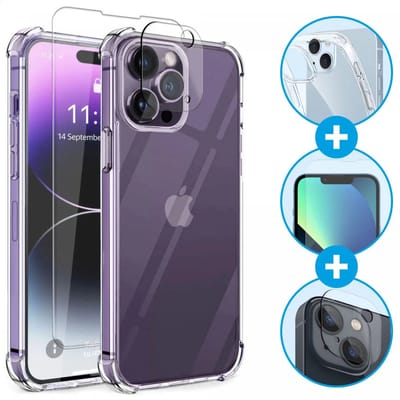 Hoesje Geschikt voor Apple iPhone 14 Pro Schokbestendig Transparant Hoesje + 9H Tempered Glass + Camera Protector Transparant 3 in 1 Set