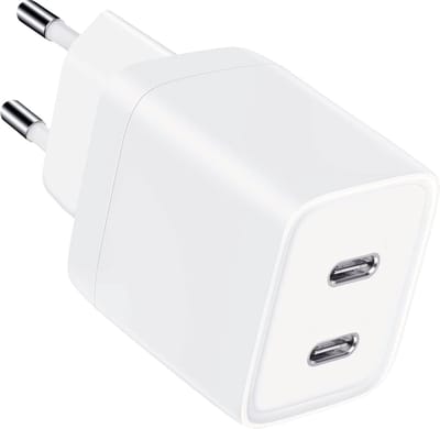 USB C Adapter - Snellader Geschikt voor iPhone en Samsung - GaN Oplader -Dubbele USB C Poorten - 45W Vermogen - Stekkerblok - Wit