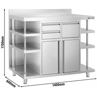 GGM Gastro Arbeitsschrank - für Kaffeemaschine - 1400x600mm - mit 2 Flügeltüren, 2 Schubladen, Ausklopfer, 6 Ablagen & Aufkantung