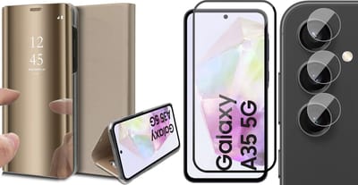 Hoesje geschikt voor Samsung Galaxy A35 - Screenprotector Volledig Dekkend Glas & Camera - Spiegel Book Case Goud
