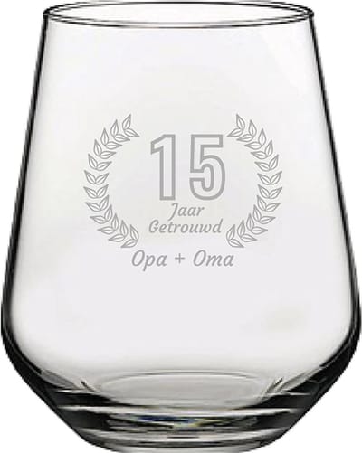 Gegraveerde Drinkglas 42,5cl Opa + Oma 15 jaar getrouwd